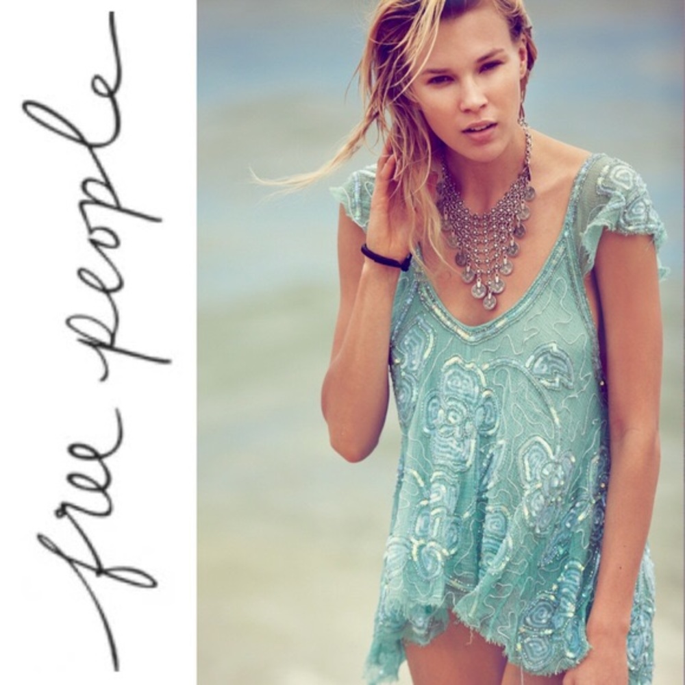 Free People Mint Tritan'sTreasure Beaded Swing Top